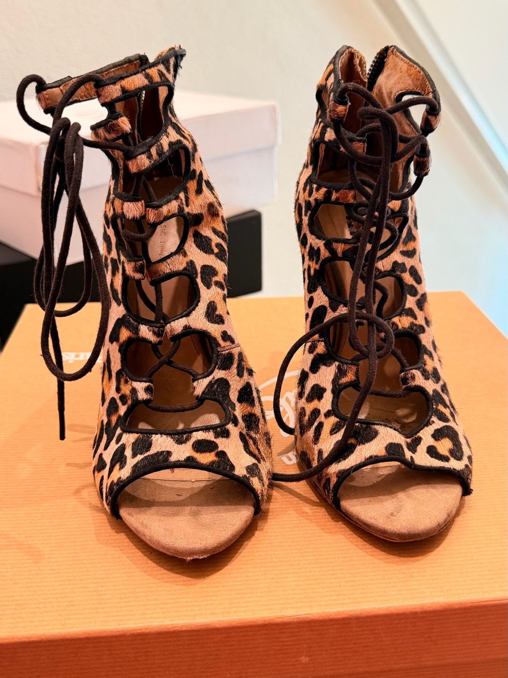 Zara Leopard Print Lace-Up Stiletto Ankle Boots - Brown & Black